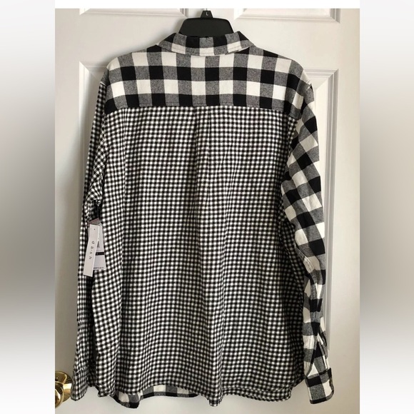 DA-SH WOMENS TOP SIZE 1X WHITE/BLACK PLAID BUTTON DOWN PATCHWORK LONG SLEEVE - Picture 3 of 7